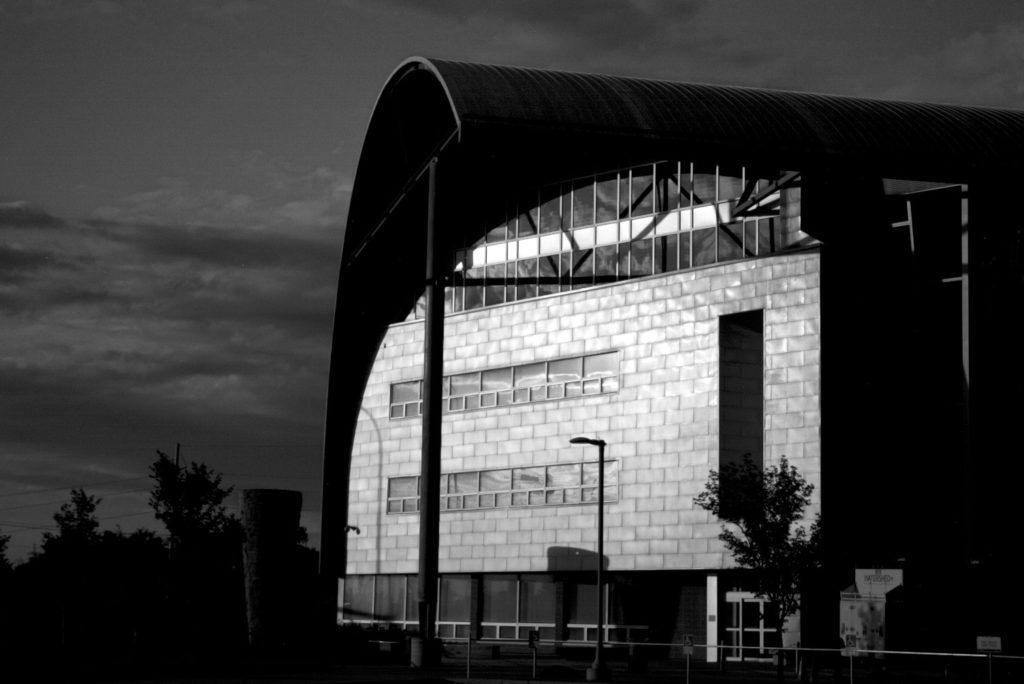 Post-modern building, sunset